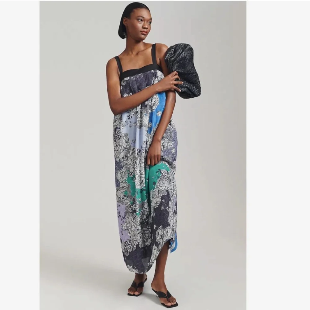 ATSU ANTHROPOLOGIE WOMENS PRINTED MAXI DRESS FLORAL SLEEVLESS SIZE LARGE BLACK - Picture 4 of 10